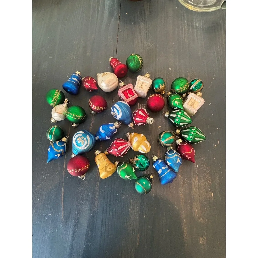 Vintage Miniature Glass Christmas Ornaments Lot 30pc Mixed Shapes Glitter MCM
